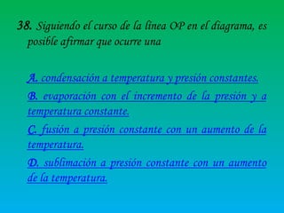 38. Siguiendo el curso de la línea OP en el diagrama, es
posible afirmar que ocurre una
A. condensación a temperatura y presión constantes.
B. evaporación con el incremento de la presión y a
temperatura constante.
C. fusión a presión constante con un aumento de la
temperatura.
D. sublimación a presión constante con un aumento
de la temperatura.

 