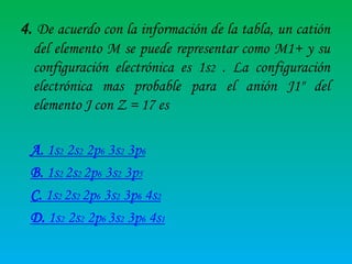 4. De acuerdo con la información de la tabla, un catión
del elemento M se puede representar como M1+ y su
configuración electrónica es 1s2 . La configuración
electrónica mas probable para el anión J1" del
elemento J con Z = 17 es
A. 1s2 2s2 2p6 3s2 3p6
B. 1s2 2s2 2p6 3s2 3p5
C. 1s2 2s2 2p6 3s2 3p6 4s2
D. 1s2 2s2 2p6 3s2 3p6 4s1

 