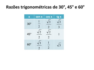 Um foguete é lançado de uma rampa situada no solo, sob um ângulo de 30º. A que altura encontra-se esse foguete após percorrer 8 km em linha reta?Uma escada de 4,8 m está apoiada na parede de um muro, fazendo um ângulo de 76° com o chão. Qual a distância entre o muro e o primeiro degrau da escada?Resposta: O foguete está a 4 km de altura.Resposta: Aproximadamente 1 m.