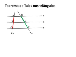 ExercíciosSe um bastão de 1 metro produz uma sombra de 1,50 m e a sombra de uma árvore mede 18 metros, qual a altura da árvore?Na figura ao lado, as retas r // s // t são cortadas pelas transversais a e b. Descubra o valor de x.180 m90 m