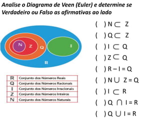 ( ) N Z
( ) Q Z
( ) I Q
( ) Z Q
( ) R – I = Q
( ) N Z = Q
( ) I R
( ) Q I = R
( ) Q I = R
Analise o Diagrama de Veen (Euler) e determine se
Verdadeiro ou Falso as afirmativas ao lado
 