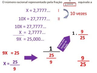 X = 2,7777... I
10X = 27,7777... II
10 vezes
10X = 27,7777...
X = 2,7777...______________
9X = 25,000...
9X = 25
X =____
9
25
1
____
9
25
1 . ____
25
9
____
25
9
 