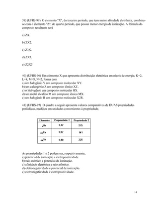 39) (UFRJ-99) O elemento "X", do terceiro período, que tem maior afinidade eletrônica, combina-
se com o elemento "Z", do quarto período, que possui menor energia de ionização. A fórmula do
composto resultante será

a) ZX.

b) ZX2.

c) Z3X.

d) ZX3.

e) Z2X3


40) (UFRS-96) Um elemento X que apresenta distribuição eletrônica em níveis de energia, K=2,
L=8, M=8, N=2, forma com
a) um halogênio Y um composto molecular XY.
b) um calcogênio Z um composto iônico XZ .
c) o hidrogênio um composto molecular HX.
d) um metal alcalino M um composto iônico MX.
e) um halogênio R um composto molecular X2R.

41) (UFRS-97) O quadro a seguir apresenta valores comparativos de DUAS propriedades
periódicas, medidos em unidades convenientes à propriedade.




As propriedades 1 e 2 podem ser, respectivamente,
a) potencial de ionização e eletropositividade.
b) raio atômico e potencial de ionização.
c) afinidade eletrônica e raio atômico.
d) eletronegatividade e potencial de ionização.
e) eletronegatividade e eletropositividade.




                                                                                      14
 
