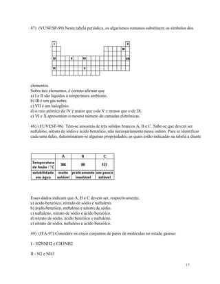 47) (VUNESP-99) Nesta tabela periódica, os algarismos romanos substituem os símbolos dos




elementos.
Sobre tais elementos, é correto afirmar que
a) I e II são líquidos à temperatura ambiente.
b) III é um gás nobre.
c) VII é um halogênio.
d) o raio atômico de IV é maior que o de V e menor que o de IX.
e) VI e X apresentam o mesmo número de camadas eletrônicas.

48) (FUVEST-98) Têm-se amostras de três sólidos brancos A, B e C. Sabe-se que devem ser
naftaleno, nitrato de sódio e ácido benzóico, não necessariamente nessa ordem. Para se identificar
cada uma delas, determinaram-se algumas propriedades, as quais estão indicadas na tabela a diante




Esses dados indicam que A, B e C devem ser, respectivamente,
a) ácido benzóico, nitrado de sódio e naftaleno.
b) ácido benzóico, naftaleno e nitrato de sódio.
c) naftaleno, nitrato de sódio e ácido benzóico.
d) nitrato de sódio, ácido benzóico e naftaleno.
e) nitrato de sódio, naftaleno e ácido benzóico.

49) (ITA-97) Considere os cinco conjuntos de pares de moléculas no estado gasoso:

I - H2NNH2 e CH3NH2

II - N2 e NH3

                                                                                         17
 