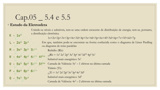 Cap.05 _ 5.4 e 5.5
◦ Estudo da Eletrosfera
Unindo-se níveis e subníveis, tem-se uma ordem crescente de distribuição de energia, tem-se, portanto,
a distribuição eletrônica.
1s<2s<2p<3s<3p<4s<3d<4p<5s<4d<5p<6s<4f<5d<6p<7s<5f<6d<7p
Em que, também pode-se encontrar na forma conhecida como o diagrama de Linus Paulling
ou diagrama de retas paralelas
Rubídio (Rb):
32Rb = 1s2 2s2 2p6 3s2 3p6 4s2 3d10 4p6 5s1
Subnível mais energético: 5s1
Camada de Valência: 5s1 – 1 elétron na última camada
Titânio (Ti):
22Ti = 1s2 2s2 2p6 3s2 3p6 4s2 3d2
Subnível mais energético: 3d2
Camada de Valência: 4s2 – 2 elétrons na última camada
 