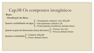 Cap.08 Os compostos inorgânicos
◦ Bases
Classificação das Bases
Quanto a solubilidade em água
− 𝑇𝑜𝑡𝑎𝑙𝑚𝑒𝑛𝑡𝑒 𝑠𝑜𝑙ú𝑣𝑒𝑖𝑠: 1𝐴 𝑒 𝑁𝐻4 𝑂𝐻
− 𝑃𝑎𝑟𝑐𝑖𝑎𝑙𝑚𝑒𝑛𝑡𝑒 𝑠𝑜𝑙ú𝑣𝑒𝑖𝑠: 2𝐴
− 𝑃𝑟𝑎𝑡𝑖𝑐𝑎𝑚𝑒𝑛𝑡𝑒 𝑖𝑛𝑠𝑜𝑙ú𝑣𝑒𝑖𝑠: 𝑑𝑒𝑚𝑎𝑖𝑠 𝑏𝑎𝑠𝑒𝑠
Quanto ao grau de dissociação (força das bases)
− 𝐹𝑜𝑟𝑡𝑒𝑠: 1𝐴 𝑒 2𝐴
− 𝐹𝑟𝑎𝑐𝑎𝑠: 𝑑𝑒𝑚𝑎𝑖𝑠 𝑏𝑎𝑠𝑒𝑠
Quanto à volatilidade
− 𝑉𝑜𝑙á𝑡𝑒𝑖𝑠: 𝑁𝐻4 𝑂𝐻
− 𝐹𝑖𝑥𝑜𝑠: 𝑑𝑒𝑚𝑎𝑖𝑠 𝑏𝑎𝑠𝑒𝑠
 