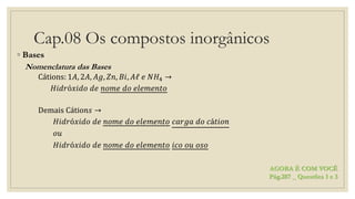 Cap.08 Os compostos inorgânicos
◦ Bases
Nomenclatura das Bases
Cátions: 1𝐴, 2𝐴, 𝐴𝑔, 𝑍𝑛, 𝐵𝑖, 𝐴ℓ 𝑒 𝑁𝐻4 →
𝐻𝑖𝑑𝑟ó𝑥𝑖𝑑𝑜 𝑑𝑒 𝑛𝑜𝑚𝑒 𝑑𝑜 𝑒𝑙𝑒𝑚𝑒𝑛𝑡𝑜
Demais Cátio𝑛𝑠 →
𝐻𝑖𝑑𝑟ó𝑥𝑖𝑑𝑜 𝑑𝑒 𝑛𝑜𝑚𝑒 𝑑𝑜 𝑒𝑙𝑒𝑚𝑒𝑛𝑡𝑜 𝑐𝑎𝑟𝑔𝑎 𝑑𝑜 𝑐á𝑡𝑖𝑜𝑛
𝑜𝑢
𝐻𝑖𝑑𝑟ó𝑥𝑖𝑑𝑜 𝑑𝑒 𝑛𝑜𝑚𝑒 𝑑𝑜 𝑒𝑙𝑒𝑚𝑒𝑛𝑡𝑜 𝑖𝑐𝑜 𝑜𝑢 𝑜𝑠𝑜
AGORA É COM VOCÊ
Pág.287 _ Questões 1 e 3
 