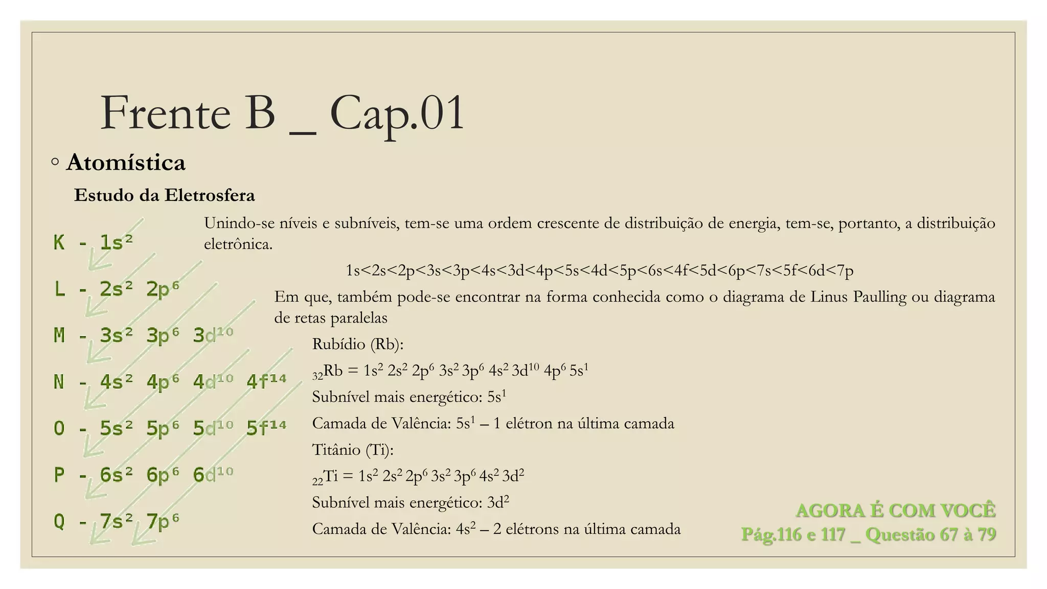 Frente B _ Cap.01
◦ Atomística
Estudo da Eletrosfera
Unindo-se níveis e subníveis, tem-se uma ordem crescente de distribuição de energia, tem-se, portanto, a distribuição
eletrônica.
1s<2s<2p<3s<3p<4s<3d<4p<5s<4d<5p<6s<4f<5d<6p<7s<5f<6d<7p
Em que, também pode-se encontrar na forma conhecida como o diagrama de Linus Paulling ou diagrama
de retas paralelas
Rubídio (Rb):
32Rb = 1s2 2s2 2p6 3s2 3p6 4s2 3d10 4p6 5s1
Subnível mais energético: 5s1
Camada de Valência: 5s1 – 1 elétron na última camada
Titânio (Ti):
22Ti = 1s2 2s2 2p6 3s2 3p6 4s2 3d2
Subnível mais energético: 3d2
Camada de Valência: 4s2 – 2 elétrons na última camada
AGORA É COM VOCÊ
Pág.116 e 117 _ Questão 67 à 79
 