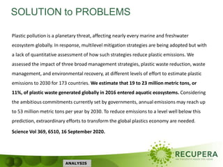 SOLUTION to PROBLEMS
ANALYSIS
Plastic pollution is a planetary threat, affecting nearly every marine and freshwater
ecosystem globally. In response, multilevel mitigation strategies are being adopted but with
a lack of quantitative assessment of how such strategies reduce plastic emissions. We
assessed the impact of three broad management strategies, plastic waste reduction, waste
management, and environmental recovery, at different levels of effort to estimate plastic
emissions to 2030 for 173 countries. We estimate that 19 to 23 million metric tons, or
11%, of plastic waste generated globally in 2016 entered aquatic ecosystems. Considering
the ambitious commitments currently set by governments, annual emissions may reach up
to 53 million metric tons per year by 2030. To reduce emissions to a level well below this
prediction, extraordinary efforts to transform the global plastics economy are needed.
Science Vol 369, 6510, 16 September 2020.
 