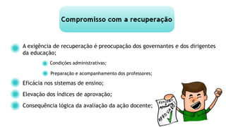 A exigência de recuperação é preocupação dos governantes e dos dirigentes
da educação;
Condições administrativas;
Preparação e acompanhamento dos professores;
Eficácia nos sistemas de ensino;
Elevação dos índices de aprovação;
Consequência lógica da avaliação da ação docente;
 