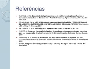 Referências
   MARTINS, A. P. L. Capacidade da Typha dominguensis na fitorremediação de efluentes de
    tanques de piscicultura na Bacia do Iraí – Paraná .R. Bras. Eng. Agríc. Ambiental, v.11, n.3, p.324–
    330, 2007.
   PALMA-SILVA, C et al. USO DE Eichhornia crassipes (Mart.) Solms PARA FITORREMEDIAÇÃO
    DE AMBIENTES EUTROFIZADOS SUBTROPICAIS NO SUL DO BRASIL. PERSPECTIVA, Erechim.
    v.36, n.133, p.73-81, março/2012
   PAULINO, W. D. et al. METODOLOGIA PARA DEFINIÇÃO DA EUTROFIZAÇÃO. 2011
   ROVERI, V. Recursos Hídricos Eutrofizados: Descrição de métodos preventivos e corretivos
    para sua recuperação. Simpósio Internacional De Ciências Integradas Da Unaerp Campus Guarujá.
    2009
   SPERLING. M. V. Introdução à qualidade das água e ao tratamento de esgotos. 3ed. Belo
    Horizonte: Departamento de engenharia sanitária e Ambiental; Universidade Federal de Minas Gerais;
    2005
   BRASIL. Programa Brasileiro para conservação e manejo das águas interiores: síntese das
    discussões
 