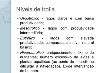 Níveis de trofia
 Oligotrófico - lagos claros e com baixa
  produtividade;
 Mesotrófico - lagos com produtividade
  intermediária;
 Eutrófico     -   lagos    com     elevada
  produtividade, comparada ao nível natural
  básico;
 Hipereutrófico: enriquecimento máximo de
  nutrientes; número excessivo de algas e
  plantas aquáticas (ao ponto de impedir ou
  dificultar a navegação). Exige intervenção
  do homem.
 