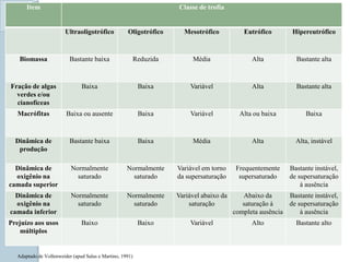 Item                                                            Classe de trofia


                        Ultraoligotrófico           Oligotrófico       Mesotrófico           Eutrófico        Hipereutrófico



   Biomassa               Bastante baixa                  Reduzida        Média                 Alta           Bastante alta



Fração de algas                Baixa                       Baixa         Variável               Alta           Bastante alta
  verdes e/ou
  cianofíceas
   Macrófitas           Baixa ou ausente                   Baixa         Variável           Alta ou baixa          Baixa



  Dinâmica de             Bastante baixa                   Baixa          Média                 Alta           Alta, instável
   produção

  Dinâmica de             Normalmente               Normalmente      Variável em torno     Frequentemente    Bastante instável,
  oxigênio na               saturado                  saturado       da supersaturação      supersaturado    de supersaturação
camada superior                                                                                                  à ausência
  Dinâmica de             Normalmente               Normalmente      Variável abaixo da      Abaixo da      Bastante instável,
  oxigênio na               saturado                  saturado           saturação           saturação à    de supersaturação
camada inferior                                                                           completa ausência     à ausência
Prejuízo aos usos              Baixo                       Baixo         Variável               Alto           Bastante alto
    múltiplos


  Adaptado de Vollenweider (apud Salas e Martino, 1991)
 