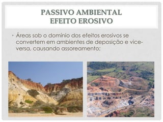 PASSIVO AMBIENTAL
EFEITO EROSIVO
• Áreas sob o domínio dos efeitos erosivos se
convertem em ambientes de deposição e viceversa, causando assoreamento;

 
