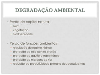 DEGRADAÇÃO AMBIENTAL
• Perda de capital natural:
• solos
• vegetação
• Biodiversidade

• Perda de funções ambientais:
•
•
•
•
•

regulação do regime hídrico
proteção do solo contra erosão
proteção do aquífero subterrâneo
proteção de margens de rios
redução da produtividade primária dos ecossistemas

 