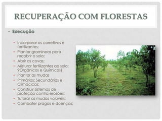 RECUPERAÇÃO COM FLORESTAS
• Execução
• Incorporar os corretivos e
fertilizantes;
• Plantar gramíneas para
recobrir o solo;
• Abrir as covas;
• Misturar fertilizantes ao solo;
9Orgânicos e Químicos)
• Plantar as mudas
• Primárias; Secundárias e
Climácicas;
• Construir sistemas de
proteção contra erosões;
• Tutorar as mudas volúveis;
• Combater pragas e doenças;

 
