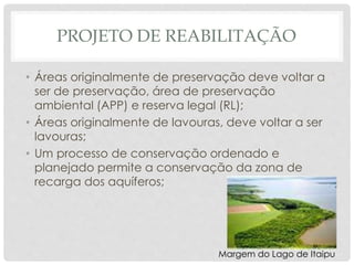 PROJETO DE REABILITAÇÃO
• Áreas originalmente de preservação deve voltar a
ser de preservação, área de preservação
ambiental (APP) e reserva legal (RL);
• Áreas originalmente de lavouras, deve voltar a ser
lavouras;
• Um processo de conservação ordenado e
planejado permite a conservação da zona de
recarga dos aquíferos;
Margem do Lago de Itaipu
 