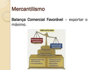 Mercantilismo 
Balança Comercial Favorável – exportar o máximo.  