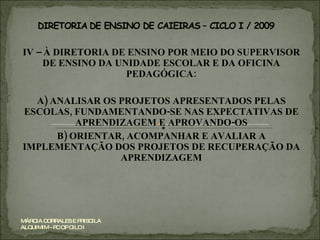 IV – À DIRETORIA DE ENSINO POR MEIO DO SUPERVISOR DE ENSINO DA UNIDADE ESCOLAR E DA OFICINA PEDAGÓGICA: A) ANALISAR OS PROJETOS APRESENTADOS PELAS ESCOLAS, FUNDAMENTANDO-SE NAS EXPECTATIVAS DE APRENDIZAGEM E APROVANDO-OS B) ORIENTAR, ACOMPANHAR E AVALIAR A IMPLEMENTAÇÃO DOS PROJETOS DE RECUPERAÇÃO DA APRENDIZAGEM MÁRCIA CORRALES E PRISCILA ALQUIMIM - PC OP CILO I 