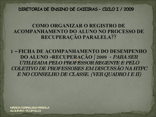COMO ORGANIZAR O REGISTRO DE ACOMPANHAMENTO DO ALUNO NO PROCESSO DE RECUPERAÇÃO PARALELA?? 1 – FICHA DE ACOMPANHAMENTO DO DESEMPENHO DO ALUNO –RECUPERAÇÃO / 2009  -  PARA SER UTILIZADA PELO PROFESSOR REGENTE E PELO COLETIVO DE PROFESSORES EM DISCUSSÃO NA HTPC E NO CONSELHO DE CLASSE. (VER QUADRO I E II) MÁRCIA CORRALES E PRISCILA ALQUIMIM - PC OP CILO I 