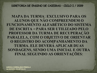 MAPA DA TURMA: EXCLUSIVO PARA OS ALUNOS QUE NÃO COMPREENDEM O FUNCIONAMENTO ALFABÉTICO DO SISTEMA DE ESCRITA – PARA SER UTILIZADO PELO PROFESSOR DA TURMA DE RECUPERAÇÃO PARALELA, COM O OBJETIVO DE ORIENTAR O REGISTRO DO ACOMPANHAMENTO DA TURMA. ELE DEVERÁ APLICAR DUAS SONDAGENS, SENDO UMA INICIAL E OUTRA FINAL SEGUINDO AS ORIENTAÇÕES: MÁRCIA CORRALES E PRISCILA ALQUIMIM - PC OP CILO I 