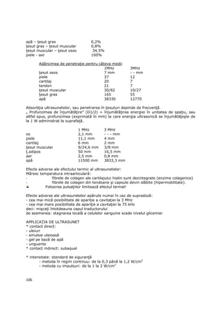 apă – Ńesut gras                    0,2%
Ńesut gras – Ńesut muscular         0,8%
Ńesut muscular – Ńesut osos          34,5%
piele - aer                         100%

       Adâncimea de penetraŃie pentru câteva medii
                                         1MHz             3MHz
       Ńesut osos                        7 mm             - - mm
       piele                             37               12
       cartilaj                          20               7
       tendon                            21               7
       Ńesut muscular                    30/82            10/27
       Ńesut gras                        165              55
       apă                               38330            12770

AbsorbŃia ultrasunetelor, sau penetrarea în Ńesuturi depinde de frecvenŃă.
„ Profunzimea de înjumătăŃire” (D1/2) = înjumătăŃirea energiei în unitatea de spaŃiu, sau
altfel spus, profunzimea (exprimată în mm) la care energia ultrasonică se înjumătăŃeşte de
la 1 W administrat la suprafaŃă.

                              1 MHz        3 MHz
os                            2,1 mm       - - - mm
piele                         11,1 mm      4 mm
cartilaj                      6 mm         2 mm
Ńesut muscular                9/24,6 mm    3/8 mm
Ń.adipos                      50 mm        16,5 mm
aer                           2,5 mm       0,8 mm
apă                           11500 mm     3833,3 mm

Efecte adverse ale efectului termic al ultrasunetelor:
Măresc temperatura intraarticulară:
-             fibrele de colagen ale cartilajului hialin sunt dezintegrate (enzime colagenice)
-             fibrele de colagen din tendoane şi capsule devin slăbite (hipermobilitate).
          Folosirea pulsaŃiilor limitează efectul termal!

Efecte adverse ale ultrasunetelor apărute numai în caz de supradoză:
- cea mai mică posibilitate de apariŃie a cavitaŃiei la 3 MHz
- cea mai mare posibilitate de apariŃie a cavitaŃiei la 75 kHz
deci: mişcaŃi întotdeauna capul traductorului
de asemenea: stagnarea locală a celulelor sanguine scade nivelul glicemiei

APPLICAłIA DE ULTRASUNET
* contact direct:
- uleiuri
- emulsie uleioasă
- gel pe bază de apă
- unguente
* contact indirect: subaqual

* intensitate: standard de siguranŃă
       - metoda în regim continuu: de la 0,3 până la 1,2 W/cm2
       - metoda cu impulsuri: de la 1 la 2 W/cm2


106
 