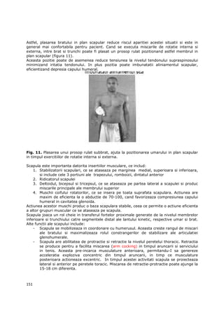 Astfel, plasarea bratului in plan scapular reduce riscul aparitiei acestei situatii si este in
general mai confortabila pentru pacient. Cand se executa miscarile de rotatie interna si
externa, intre brat si trunchi poate fi plasat un prosop rulat pozitionand astfel membrul in
plan scapular (figura 11).
Aceasta pozitie poate de asemenea reduce tensiunea la nivelul tendonului supraspinosului
minimizand iritatia tendonului. In plus pozitia poate imbunatatii aliniamentul scapular,
eficientizand depresia capului humeral.




Fig. 11. Plasarea unui prosop rulat subbrat, ajuta la pozitionarea umarului in plan scapular
in timpul exercitiilor de rotatie interna si externa.

Scapula este importanta datorita insertiilor musculare, ce includ:
    1. Stabilizatorii scapulari, ce se ataseaza pe marginea medial, superioara si inferioara,
        si include cele 3 portiuni ale trapezului, romboizii, dintatul anterior
    2. Ridicatorul scapulei
    3. Deltoidul, bicepsul si tricepsul, ce se ataseaza pe partea lateral a scapulei si produc
        miscarile principale ale membrului superior
    4. Muschii coifului rotatorilor, ce se insera pe toata suprafata scapulara. Actiunea are
        maxim de eficienta la o abductie de 70-100, cand favorizeaza compresiunea capului
        humeral in cavitatea glenoida.
Actiunea acestor muschi produc o baza scapulara stabile, ceea ce permite o actiune eficienta
a altor grupuri muscular ce se ataseaza pe scapula.
Scapula joaca un rol cheie in transferul fortelor proximale generate de la nivelul membrelor
inferioare si trunchiului catre segmentele distal ale lantului kinetic, respective umar si brat.
Alte functii ale scapului include:
    - Scapula se mobilizeaza in coordonare cu humerusul. Aceasta creste rangul de miscari
        ale bratului si maximalizeaza rolul constrangerilor de stabilizare ale articulatiei
        glenohumerale.
    - Scapula are abilitatea de protractie si retractie la nivelul peretelui thoracic. Retractia
        se produce pentru a facilita miscarea (arm cocking) in timpul aruncarii si serviciului
        in tenis. Aceasta pre-incarca musculature anterioara, permitandu-I sa genereze
        acceleratia exploziva concentric din timpul aruncarii, in timp ce musculature
        posterioara actioneaza excentric. In timpul acestei activitati scapula se proiecteaza
        lateral si anterior pe peretele toracic. Miscarea de retractie-protractie poate ajunge la
        15-18 cm diferenta.



151
 