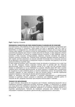 Fig.9. Tapping-ul scapular

PROGRESIA EXERCITIILOR PRIN MODIFICAREA PLANURILOR DE MISCARE
Exercitiile pentru imbunatatirea fortei pot include initial exercitii izometrice progresand spre
exercitii concentrice si excentrice. Cand gradul de forta a agonistilor este mic, fiind in
dezechilibru cu antagonistii lor, exercitiile pot incepe initial cu miscari intr-un singur plan de
miscare (plan sagital). Pe masura ce forta se imbunatateste si controlul miscarii este posibil
exercitiile pot progresa spre miscari in toate planurile de miscare, in plan diagonal si miscari
functionale. Pacientul nu trebuie sa inceapa executia miscarilor in plan diagonal, daca nu
prezinta o forta muscular corespunzatoare, deoarece miscarile complexe ale umarului
necesita uncontrol muscular bun. Prezenta fortei musculare necesara executiei miscarilor in
plan sagital, permite pacientului sa execute activitati functionale fara ca leziunea umarului
sa se agraveze si fara activarea in producerea miscarii a muschilor mai puternici in loc sa se
produca tonifierea muschilor slabi.
In faza initiala de tonifiere, pot fi executate miscari de elevatie a membrului la un unghi mai
mic de 60º, deoarece miscari scapulare minime apar in primele 60º din miscarea
glenohumerala, astfel ca muschii scapulari activati la un unghi sub 60º lucreaza pentru
inceput ca stabilizatori si nu ca mobilizatori ai scapulei. Elevatia peste 90º este o pozitie
instabila pentru articulatia glenohumerala, iar forta umarului in aceasta faza a programului
de recuperare nu este suficienta pentru a mentine stabilizarea umarul. De asemenea, forta
muschilor scapulari nu este suficienta in faza de scurtare pentru a permite stabilizarea
scapulara necesara in miscarea de elevatie glenohumerala peste 60º.
Odata cu obtinerea unei forte adecvate a muschilor scapulotoracici si glenohumerali
necesara in controlul miscarii umarului si obtinerea unei stabilizari eficiente pentru in
miscarile de 90º, progresia exercitiilor spre elevatia maxima poate fi realizata.

TEHNICI DE RECUPERARE
In cazul umarului, doua tehnici de recuperare pot fi folosite: mobilizarea tesuturilor moi si
mobilizarea articulara. Eliberarea punctelor dureroase „trigger” si stretching-ul cu gheata
sunt doua tehnici de mobilizare a tesuturilor moi ce sunt utilizate in vederea imbunatatirii
parametrilor musculari ai coifului rotatorilor rotatorilor si ai muschilor scapulari precum si a
muschilor glenohumerali. Tehnicile de mobilizare articulara sunt utilizate in scopul
imbunatatirii mobilitatii articulatiilor glenohumerala, scapulotoracica si claviculara.



166
 