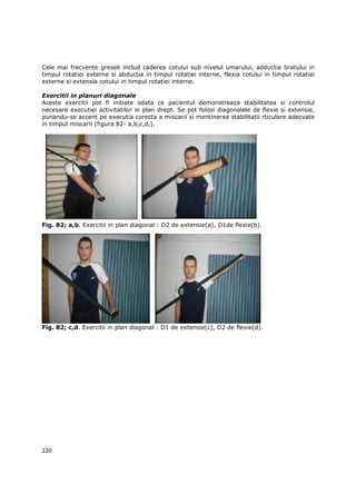 Cele mai frecvente greseli includ caderea cotului sub nivelul umarului, adductia bratului in
timpul rotatiei externe si abductia in timpul rotatiei interne, flexia cotului in timpul rotatiei
externe si extensia cotului in timpul rotatiei interne.

Exercitii in planuri diagonale
Aceste exercitii pot fi initiate odata ce pacientul demonstreaza stabilitatea si controlul
necesare executiei activitatilor in plan drept. Se pot folosi diagonalele de flexie si extensie,
punandu-se accent pe executia corecta a miscarii si mentinerea stabilitatii rticulare adecvate
in timpul miscarii (figura 82- a,b,c,d,).




Fig. 82; a,b. Exercitii in plan diagonal : D2 de extensie(a), D1de flexie(b).




Fig. 82; c,d. Exercitii in plan diagonal : D1 de extensie(c), D2 de flexie(d).




220
 