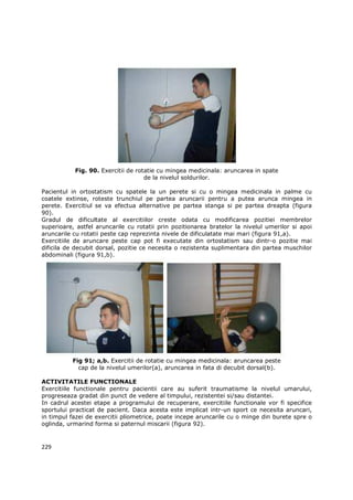 Fig. 90. Exercitii de rotatie cu mingea medicinala: aruncarea in spate
                                    de la nivelul soldurilor.

Pacientul in ortostatism cu spatele la un perete si cu o mingea medicinala in palme cu
coatele extinse, roteste trunchiul pe partea aruncarii pentru a putea arunca mingea in
perete. Exercitiul se va efectua alternative pe partea stanga si pe partea dreapta (figura
90).
Gradul de dificultate al exercitiilor creste odata cu modificarea pozitiei membrelor
superioare, astfel aruncarile cu rotatii prin pozitionarea bratelor la nivelul umerilor si apoi
aruncarile cu rotatii peste cap reprezinta nivele de dificulatate mai mari (figura 91,a).
Exercitiile de aruncare peste cap pot fi executate din ortostatism sau dintr-o pozitie mai
dificila de decubit dorsal, pozitie ce necesita o rezistenta suplimentara din partea muschilor
abdominali (figura 91,b).




          Fig 91; a,b. Exercitii de rotatie cu mingea medicinala: aruncarea peste
            cap de la nivelul umerilor(a), aruncarea in fata di decubit dorsal(b).

ACTIVITATILE FUNCTIONALE
Exercitiile functionale pentru pacientii care au suferit traumatisme la nivelul umarului,
progreseaza gradat din punct de vedere al timpului, rezistentei si/sau distantei.
In cadrul acestei etape a programului de recuperare, exercitiile functionale vor fi specifice
sportului practicat de pacient. Daca acesta este implicat intr-un sport ce necesita aruncari,
in timpul fazei de exercitii pliometrice, poate incepe aruncarile cu o minge din burete spre o
oglinda, urmarind forma si paternul miscarii (figura 92).



229
 