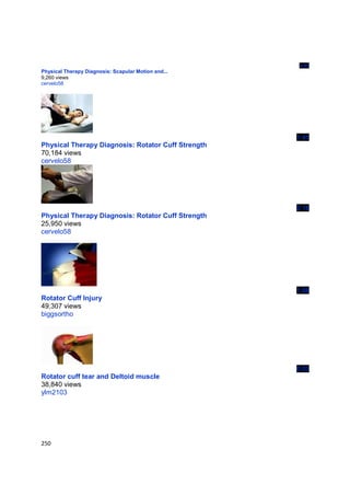3:03
Physical Therapy Diagnosis: Scapular Motion and...
9,260 views
cervelo58




                                                     1:41
Physical Therapy Diagnosis: Rotator Cuff Strength
70,184 views
cervelo58




                                                     2:16
Physical Therapy Diagnosis: Rotator Cuff Strength
25,950 views
cervelo58




                                                     1:08
Rotator Cuff Injury
49,307 views
biggsortho




                                                     0:03
Rotator cuff tear and Deltoid muscle
38,840 views
ylm2103




250
 