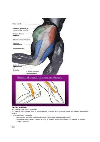 Factori intrinseci
a - contractura benzii iliotibiale
b - restrictiile miofasciale in musculatura coapsei si a gambei care vor creste tensiunea
benzii.
c - dezechilibru muscular
     - abductorii soldului mai slab tonifiati ( fenomen intalnit la fondisti)
     - tonifiere scazuta sau control scazut la nivelul musculaturii gen. in special la nivelul
       cvadricepsului.                      .


268
 