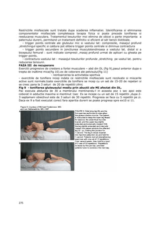 Restrictiile miofasciale sunt tratate dupa scaderea inflamatiei. Identificarea si eliminarea
componentelor miofasciale completeaza terapia fizica si poate precede tonifierea si
reeducarea musculara. Tratamentul tesuturilor moi elimina de obicei o parte importanta a
paternului durerii, permitand un tratament definitiv si eficient al sdr benzii iliotibiale.
   - trigger points centrale ale gluteului mic si vastului lat: compresiile, masajul profund
,stretchingul specific si caldura pot elibera trigger points centrale si diminua contractura
   - trigger points secundare in jonctiunea musculotendinoasa a vastului lat. distal si a
bicepsului femural : sunt indicate compresii ,masaj profund urmat de aplicari cu gheata pe
trigger points.
   - contractura vastului lat : masasjul tesuturilor profunde ,stretching pe vastul lat. pentru
reducerea tensiunii.
FAZA III de recuperare
Exercitii progresive de crestere a fortei musculare – abd din DL (fig 9),pasul anterior dupa o
trepta de inaltime mica(fig 10).ex de coborare ale pelvisului(fig 11)
                           - reintoarcerea la activitatea sportiva
- exercitiile de tonifiere incep indata ce restrictiile miofasciale sunt rezolvate si miscarile
active sunt normale.toate exercitiile de tonifiere se incep cu un set de 15-20 de repetari si
se cresc pana la 3 seturi de 20 de repetitii zilnic
Fig 9 - tonifierea gluteusului mediu prin abuctii ale MI afectat din DL.
Pac executa abductia de 30 a membrului mentinandu-l in aceasta poz 1 sec apoi este
coborat in adductie maxima si mentinut 1sec Ex se incepe cu un set de 15 repetitii ,dupa 2-
3 saptamani obiectivul este de 3 seturi de 30 repetitii. Progresia se face cu 5 repetitii pe zi.
Daca ex 9 a fost executat corect fara aparitia durerii se poate progresa spre ex10 si 11.




275
 