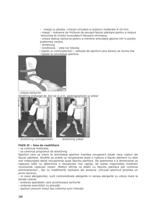 - masaj cu gheata –miscari circulare si presiuni moderate 5-10 min.
                 - masaj – manevre de frictiune de-alungul fasciei plantare pentru a reduce
                  tensiunea la nivelul musculaturii flexoare intrinseca.
                 - orteza statica nocturna pentru a mentine articulatia gleznei intr-o pozitie
                 anatomica neutra.
                 - strethcing
                 - ionoforeza - este rar folosita
                - injectii cu corticosteroizi – utilizate de sportivii care doresc sa revina mai
                  repede la activitatea sportiva.




- orteza nocturna
Strething prelungit de 3ori pe zi a m. gastrognemieni si solear




- Stretching ischiogambieri      - stretching solear

FAZA II – faza de reabilitare
- se continua medicatia
- se continua programul de stretching
Sportivii care se intorc la activitatea sportiva inaintea recuperarii totale risca rupturi ale
fasciei plantare. Studiile au aratat ca recuperarea dupa o ruptura a fasciei plantare nu este
mai indelungata decat recuperarea dupa fasciita plantara. De asemenea s-a demonstrat ca
repausul total nu determina o recuperare mai rapida, de aceea majoritatea medicilor
recomanda repausul rexact .Medicii afirma ca atletii cu fasciita plantara pot continua
antrenamentul , dar cu modificarile necesare ale acestuia ,intrucat sportivul prezinta un
picior dureros.
- in cazul alergatorilor, sunt contraindicate alergarile in rampa alergarile cu viteza mare la
banda rulanta
- evitarea aparatelor care accentueaza sariturile
- evitarea exercitiilor cu greutati
- sporturi precum inotul sau ciclismul sunt indicate


288
 
