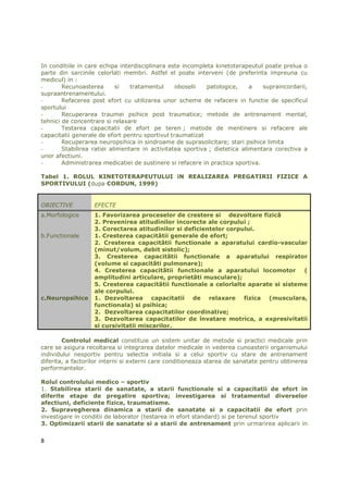 In conditiile in care echipa interdisciplinara este incompleta kinetoterapeutul poate prelua o
parte din sarcinile celorlati membri. Astfel el poate interveni (de preferinta impreuna cu
medicul) in :
-       Recunoasterea       si   tratamentul     oboselii   patologice,     a   supraincordarii,
supraantrenamentului.
-       Refacerea post efort cu utilizarea unor scheme de refacere in functie de specificul
sportului
-       Recuperarea traumei psihice post traumatice; metode de antrenament mental,
tehnici de concentrare si relaxare
-       Testarea capacitatii de efort pe teren ; metode de mentinere si refacere ale
capacitatii generale de efort pentru sportivul traumatizat
-       Recuperarea neuropsihica in sindroame de suprasolicitare; stari psihice limita
-       Stabilirea ratiei alimentare in activitatea sportiva ; dietetica alimentara corectiva a
unor afectiuni.
-       Administrarea medicatiei de sustinere si refacere in practica sportiva.

Tabel 1. ROLUL KINETOTERAPEUTULUI iN REALIZAREA PREGATIRII FIZICE A
SPORTIVULUI (dupa CORDUN, 1999)


OBIECTIVE          EFECTE
a.Morfologice      1. Favorizarea proceselor de crestere si dezvoltare fizicã
                   2. Prevenirea atitudinilor incorecte ale corpului ;
                   3. Corectarea atitudinilor si deficientelor corpului.
b.Functionale      1. Cresterea capacitãtii generale de efort;
                   2. Cresterea capacitãtii functionale a aparatului cardio-vascular
                   (minut/volum, debit sistolic);
                   3. Cresterea capacitãtii functionale a aparatului respirator
                   (volume si capacitãti pulmonare);
                   4. Cresterea capacitãtii functionale a aparatului locomotor        (
                   amplitudini articulare, proprietãti musculare);
                   5. Cresterea capacitãtii functionale a celorlalte aparate si sisteme
                   ale corpului.
c.Neuropsihice     1. Dezvoltarea capacitatii de relaxare fizica (musculara,
                   functionala) si psihica;
                   2. Dezvoltarea capacitatilor coordinative;
                   3. Dezvoltarea capacitatilor de învatare motrica, a expresivitatii
                   si cursivitatii miscarilor.

        Controlul medical constituie un sistem unitar de metode si practici medicale prin
care se asigura recoltarea si integrarea datelor medicale in vederea cunoasterii organismului
individului nesportiv pentru selectia initiala si a celui sportiv cu stare de antrenament
diferita, a factorilor interni si externi care conditioneaza starea de sanatate pentru obtinerea
performantelor.

Rolul controlului medico – sportiv
1. Stabilirea starii de sanatate, a starii functionale si a capacitatii de efort in
diferite etape de pregatire sportiva; investigarea si tratamentul diverselor
afectiuni, deficiente fizice, traumatisme.
2. Supravegherea dinamica a starii de sanatate si a capacitatii de efort prin
investigare in conditii de laborator (testarea in efort standard) si pe terenul sportiv
3. Optimizarii starii de sanatate si a starii de antrenament prin urmarirea aplicarii in


8
 