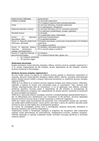 Sediul durerii reflectata        Sursa durerii
Cefalee occipitala               CV cervicala superioara
                                 TP in trapezul superior/sternocleidomastoidian
Umar                             CV cervical inferioara, toracala superioara
                                 TP in supraspinos, infraspinos
Regiunea laterala a cotului      CV cervical inferioara (C5-6), toracala superioara
                                 TP in extensorii antebratului, triceps, supinator
Peretele toracic                 CV toracala
                                 TP in pectoralul mare, intercostali
Dureri         in     regiunea   Jonctiunea toracolombara
sacroiliaca, flanc               TP in patratul lombelor
Dureri in regiunea abdominal     Articulatia sacroiliaca, jonctiunea toracolombara CV lombara
inferioara; perineala            superioara
                                 TP in glutei si piriform
Dureri in regiunea fesiera,      CV lombara, articulatia sacroiliaca
regiunea     posterioara    a    TP in muschii glutei si piriform
coapsei (ischiogambieri)
Durere in regiunea laterala a CV lombara
genunchiului/coapsa           TP in tensorul fasciei lata, gluteu mic
       • Cv=coloana vertebrala
       • TP=puncte trigger

Sindroame dureroase
Aceste sindroame includ distrofie simpatica reflexa, sindrom dureros complex regional tip I
si II, durere independenta de SN simpatic, durere dependenta de SN simpatic, sindrom
dureros miofascial si fibromialgie.

Sindrom dureros complex regional tip I
De mai multa vreme s-a descris un sindrom dureros asociat cu fenomene vasomotorii si
sudorale, denumit initial distrofie simpatica reflexa (RSD). Ulterior, Asociatia Internationala
pentru Studiul Durerii (IASP) a propus inlocuirea termenului cu sindromul dureros complex
regional (CRPS).
CRPS tip I se refera la un sindrom dureros regional complex care implica durere, inflamatie,
rigiditate si paloare la nivelul unei extremitati dupa un traumatism. Tipic, durerea este
intensa, disproportionata fata de traumatism, si nu se datoreaza unei afectari nervoase
periferice specifice. Durerea poate fi dependenta de SN simpatic si acompaniata de
sewmnele disfuncriei simpatice sau independenta de acesta (durere rezistenta la tratament
de cauza probabil neuropatica).
CRPS tip II, denumita anterior causalgie, prezinta o simptomatologie asemanatoare tipului I,
dar se diferentiaza prin identificarea unui traumatism al SN periferic. Durerea depaseste
frecvent teritoriul nervului lezat si poate fi asociata cu disfunctii vegetative.
CRPS tip I apare dupa traumatisme ale tesuturilor moi, traumatisme osoase sau nervoase,
sau poate apare postchirurgical. Cauza pentru care doar o parte din pacienti dezvolta acest
sindrop se pare ca este legata de o predispozitie genetica.
Un numar de investigatii, printre care si termografia, testarea senzoriala cantitativa si
blocarea simpatica pot confirma diagnosticul.
Tratamentul consta in fizioterapie antalgica si programe de recuperare. Alte tratamente
utilizate includ administrare de corticosteroizi, antidepresive triciclice, inhibitori simpatici,
infiltratii epidurale cu opioide, anestezice locale, stimulare nervoase periferica si stimulare
maduvei spinarii.




90
 