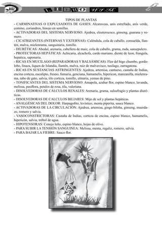 TIPOS DE PLANTAS
- carminativas o expulsadota de gases: Alcaraveas, anís estrellado, anís verde,
comino, coriandros, hinojo en semillas.
- activadoras del sistema nervioso: Ajedrea, eleuterococo, ginseng, guarana y ro-
mero.
- cicatrizantes (internas y externas): Caléndula, cola de caballo, consuelda, llan-
tén, malva, mielenrama, sanguinaria, tomillo.
- diuréticas: Abedul, arenaria, cabellera de maiz, cola de caballo, grama, ruda, sansepulcro.
- protectoras hepáticas: Achicaria, alcachofa, cardo mariano, diente de leon, frangula,
hepatica, saponaria.
- ricas en Mucilago (reparadoras y balsámicas): Flor del higo chumbo, gordo-
lobo, linaza, liquen de Islandia, llantén, malva, raiz de malvavisco, tusilago, zarragatona.
- ricas en sustancias astringentes: Ajedrea, artemisa, cantueso, castaña de Indias,
encina corteza, eucalipto, fresno, fumaria, genciana, hamamelis, hipericon, manzanilla, mielenra-
ma, rabo de gato, salvia, tilo corteza, tomillo, ulmaria, yemas de pino.
- tonificantes del sistema nervioso: Amapola, azahar flor, espino blanco, lavanda,
melissa, pasiflora, petalos de rosa, tila, valeriana.
- disolvedoras de cálculos renales: Arenaria, grama, sulsufragio y plantas diuré-
ticas.
- disolvedoras de calculos biliares: Mijo de sol y plantas hepáticas.
- analgésicas del dolor: Harpagofito, levístico, menta piperita, sauce blanco.
- activadoras de la circulación: Ajedrea, artemisa, gingo biloba, ginseng, muerda-
zo, romero y salvia.
- vasoconstrictoras: Castaña de Indias, corteza de encina, espino blanco, hamamelis,
hipericón, salvia, trébol de agua.
- hipotensoras: Conejo leño, espino blanco, hojas de olivo.
- para subir la tensión sanguinea: Melissa, menta, regaliz, romero, salvia.
- para bajar la fiebre: Sauco flor.
162
 