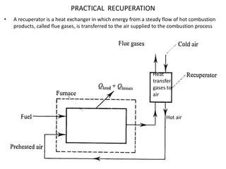 4
PRACTICAL RECUPERATION
• A recuperator is a heat exchanger in which energy from a steady flow of hot combustion
products, called flue gases, is transferred to the air supplied to the combustion process
Hot air
Heat
transfer
gases to
air
 