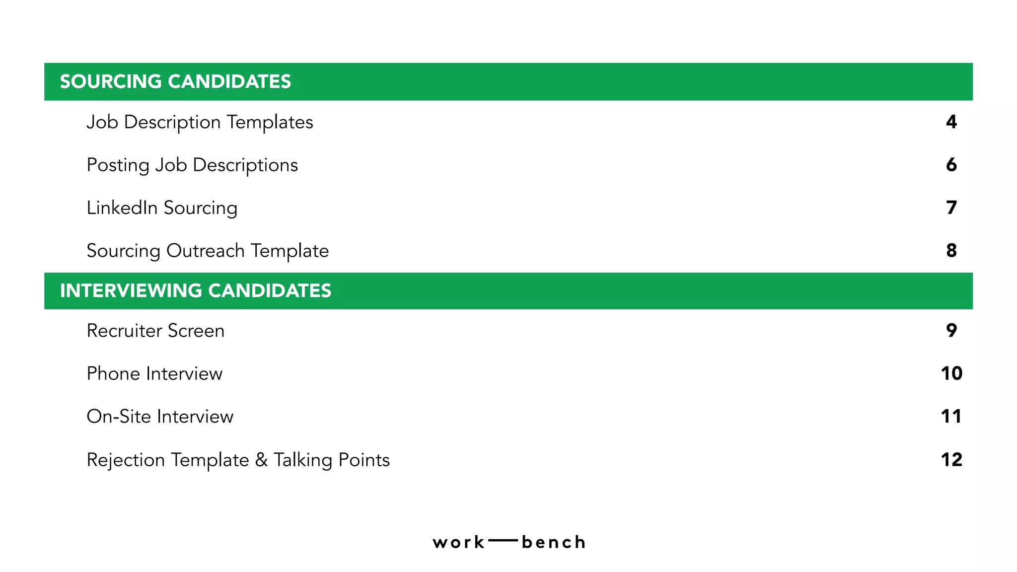 SOURCING CANDIDATES
Job Description Templates 4
Posting Job Descriptions 6
LinkedIn Sourcing 7
Sourcing Outreach Template 8
INTERVIEWING CANDIDATES
Recruiter Screen 9
Phone Interview 10
On-Site Interview 11
Rejection Template & Talking Points 12
 