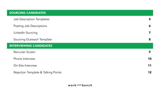 SOURCING CANDIDATES
Job Description Templates 4
Posting Job Descriptions 6
LinkedIn Sourcing 7
Sourcing Outreach Template 8
INTERVIEWING CANDIDATES
Recruiter Screen 9
Phone Interview 10
On-Site Interview 11
Rejection Template & Talking Points 12
 