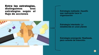 Entre las estrategias,
distinguimos tres
estrategias según el
flujo de acciones
Estrategia realizada: Aquello
que realmente hace la
organización
Estrategia intentada: La
establecida en unos planes
Estrategia emergente: Realizada,
pero carente de intención.
 