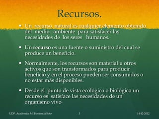 Recursos.
        Un recurso natural es cualquier elemento obtenido
         del medio ambiente para satisfacer las
         necesidades de los seres humanos.
        Un recurso es una fuente o suministro del cual se
         produce un beneficio.
        Normalmente, los recursos son material u otros
         activos que son transformados para producir
         beneficio y en el proceso pueden ser consumidos o
         no estar más disponibles.
        Desde el punto de vista ecológico o biológico un
         recurso es satisface las necesidades de un
         organismo vivo.

UDP. Academica Mª Hortencia Soto       3                14-12-2012
 