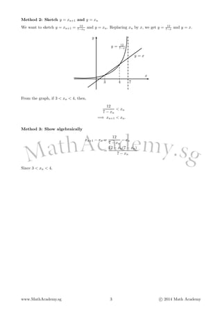 Method 2: Sketch y = xn+1 and y = xn
We want to sketch y = xn+1 = 12
7−xn
and y = xn. Replacing xn by x, we get y = 12
7−x and y = x.
y = x
y = 12
7−x
3 4 7
x
y
From the graph, if 3 < xn < 4, then,
12
7 − xn
< xn
=⇒ xn+1 < xn.
Method 3: Show algebraically
xn+1 − xn =
12
7 − xn
− xn
=
12 − xn(7 − xn)
7 − xn
Since 3 < xn < 4,
www.MathAcademy.sg 3 c 2014 Math Academy
 