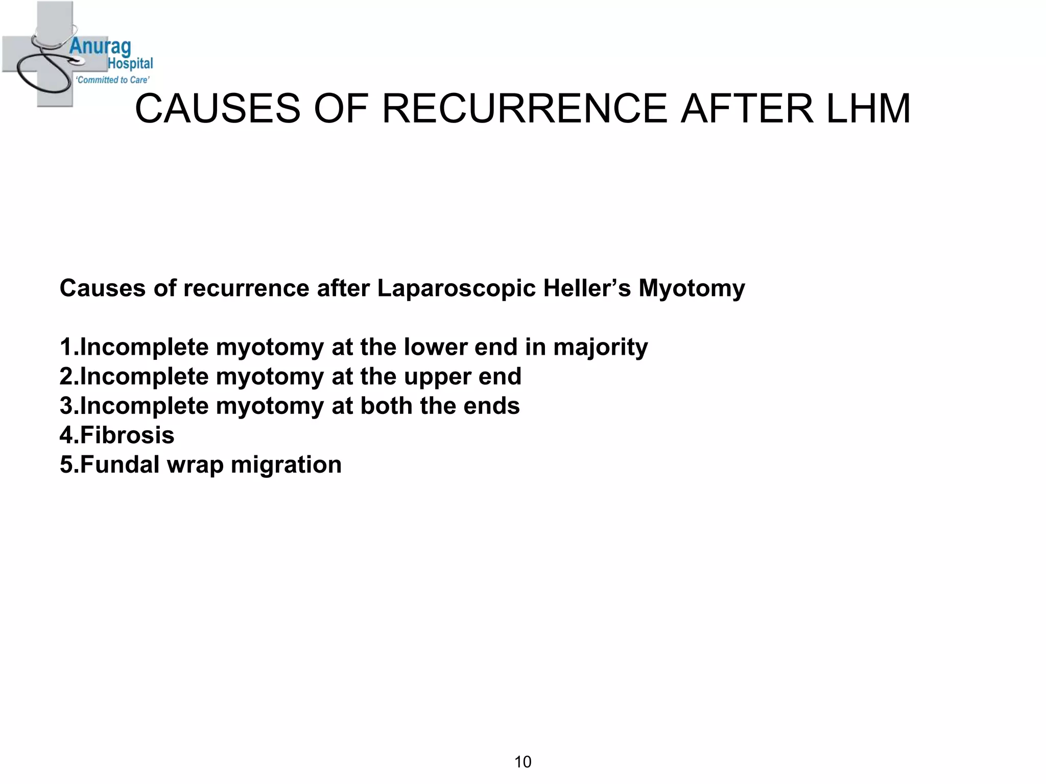 CAUSES OF RECURRENCE AFTER LHM
Causes of recurrence after Laparoscopic Heller’s Myotomy
1.Incomplete myotomy at the lower end in majority
2.Incomplete myotomy at the upper end
3.Incomplete myotomy at both the ends
4.Fibrosis
5.Fundal wrap migration
10
 