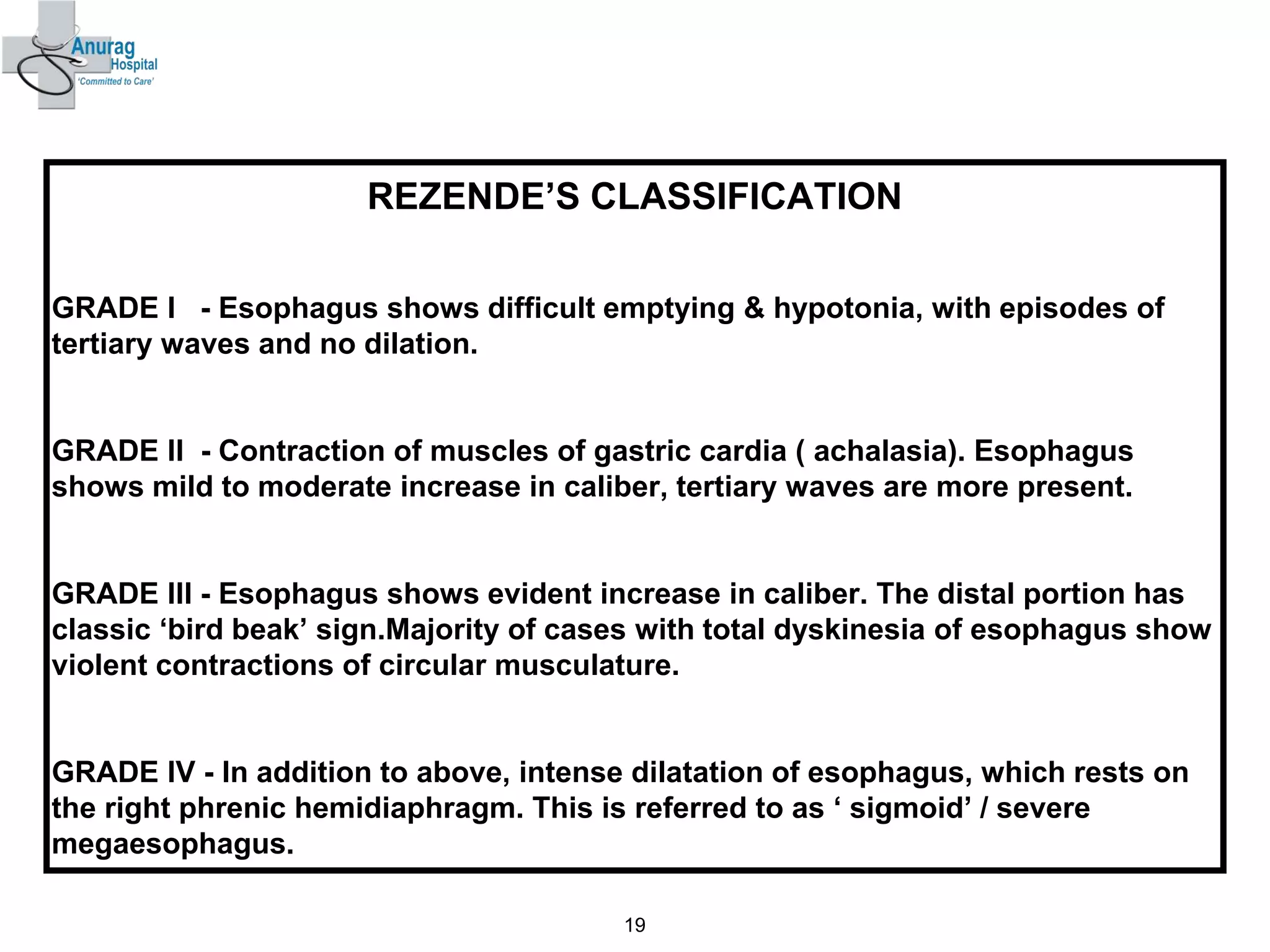 19
REZENDE’S CLASSIFICATION
GRADE I - Esophagus shows difficult emptying & hypotonia, with episodes of
tertiary waves and no dilation.
GRADE II - Contraction of muscles of gastric cardia ( achalasia). Esophagus
shows mild to moderate increase in caliber, tertiary waves are more present.
GRADE III - Esophagus shows evident increase in caliber. The distal portion has
classic ‘bird beak’ sign.Majority of cases with total dyskinesia of esophagus show
violent contractions of circular musculature.
GRADE IV - In addition to above, intense dilatation of esophagus, which rests on
the right phrenic hemidiaphragm. This is referred to as ‘ sigmoid’ / severe
megaesophagus.
 