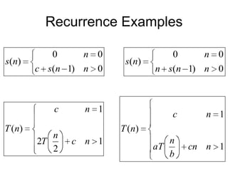 Recurrence Examples
s(n)

0

c s(n 1) n 0

c
T ( n)

n 0

n
2T
2

s(n)

n 1

0

n 0

n s(n 1) n 0

c

n 1

n
aT
b

cn n 1

T ( n)
c n 1

 
