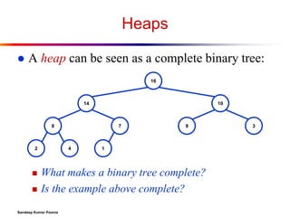 Heaps


A heap can be seen as a complete binary tree:
16

14

10

8

2




7

4

9

1

What makes a binary tree complete?
Is the example above complete?

Sandeep Kumar Poonia

3

 