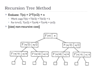 22
Recursion Tree Method
 Evaluate: T(n) = 2*T(n/2) + n
 Work copy:T(k) = T(k/2) + T(k/2) + k
 For k=n/2, T(n/2) = T(n/4) + T(n/4) + (n/2)
 [size| non-recursive cost]
 
