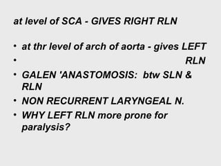at level of SCA - GIVES RIGHT RLN
• at thr level of arch of aorta - gives LEFT
• RLN
• GALEN 'ANASTOMOSIS: btw SLN &
RLN
• NON RECURRENT LARYNGEAL N.
• WHY LEFT RLN more prone for
paralysis?
 