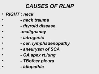 CAUSES OF RLNP
• RIGHT : neck
• - neck trauma
• - thyroid disease
• -malignancy
• - iatrogenic
• - cer. lymphadenopathy
• - aneurysm of SCA
• - CA.apex rt.lung
• - TBofcer.pleura
• - idiopathic
 